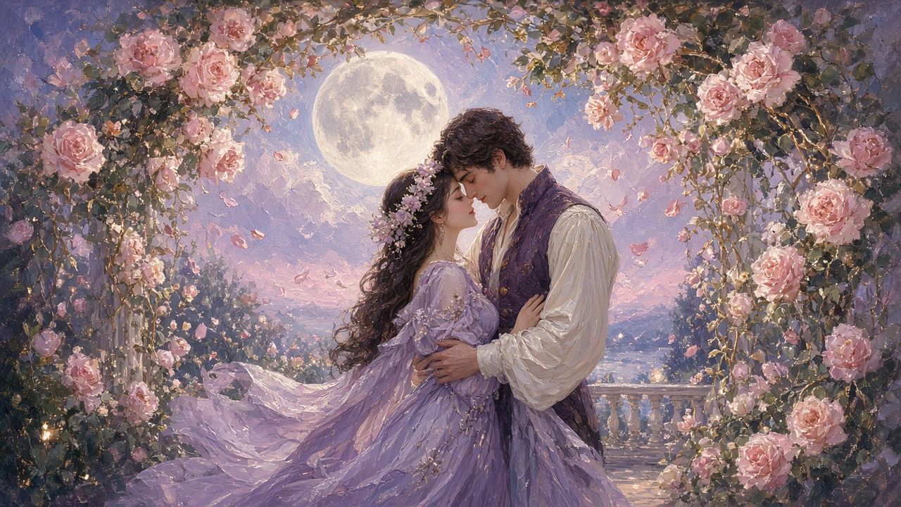 Concept plate: Lovers under the moonlit rose arbour. Illustrative placeholder.