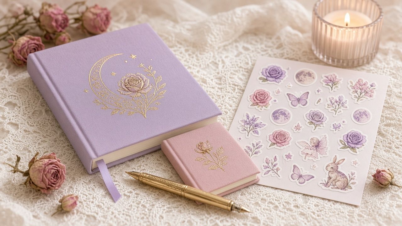 Concept plate: Moon Garden journal, notebook and stickers. Illustrative placeholder.