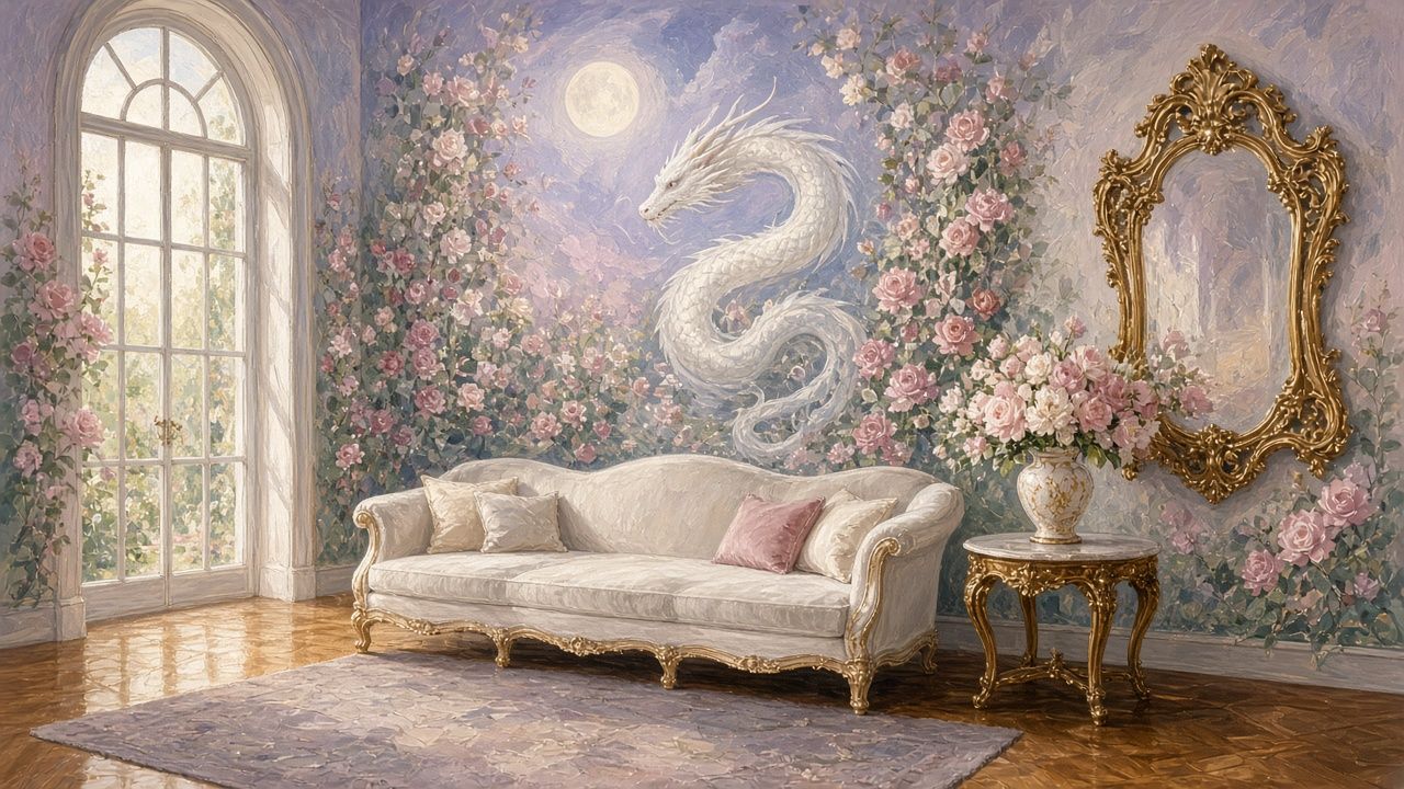 Concept plate: White dragon mural in a hotel lounge. Illustrative placeholder.