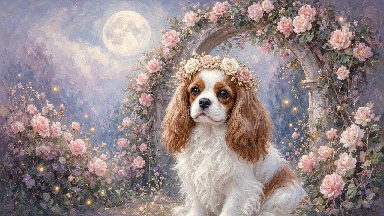 Concept plate: Spaniel in a fae crown under the rose arch. Illustrative placeholder.