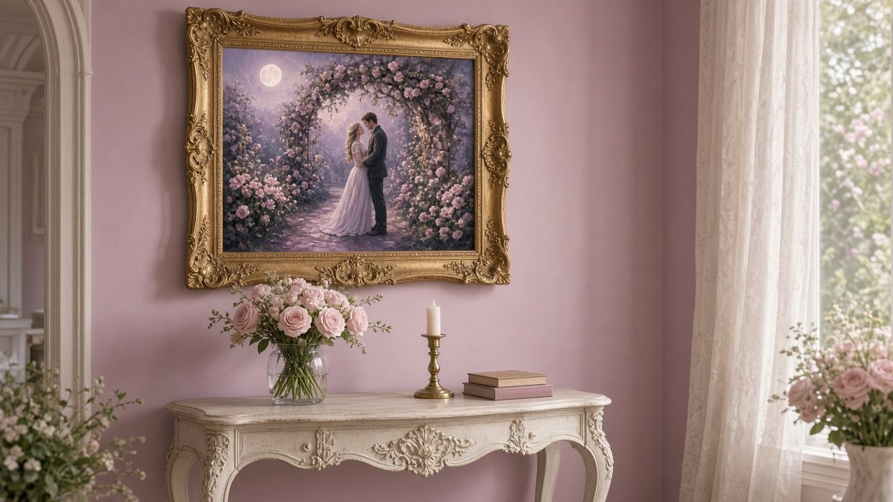 Concept plate: Gilt-framed print above a console. Illustrative placeholder.