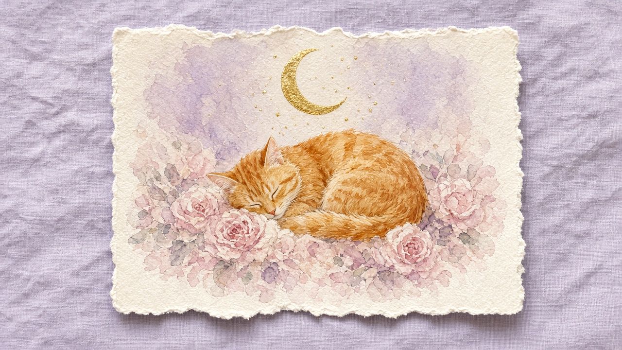 Concept plate: Study: orange tabby asleep on roses, gouache on paper. Illustrative placeholder.