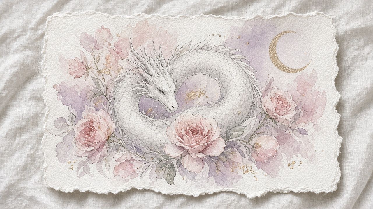 Concept plate: Study: white dragon among roses, watercolour on paper. Illustrative placeholder.